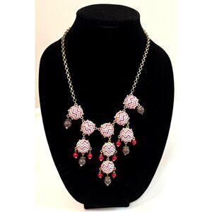 Chevron Statement Necklace With Red & Gray Beads Adjustable Gold-Tone Chain Bold